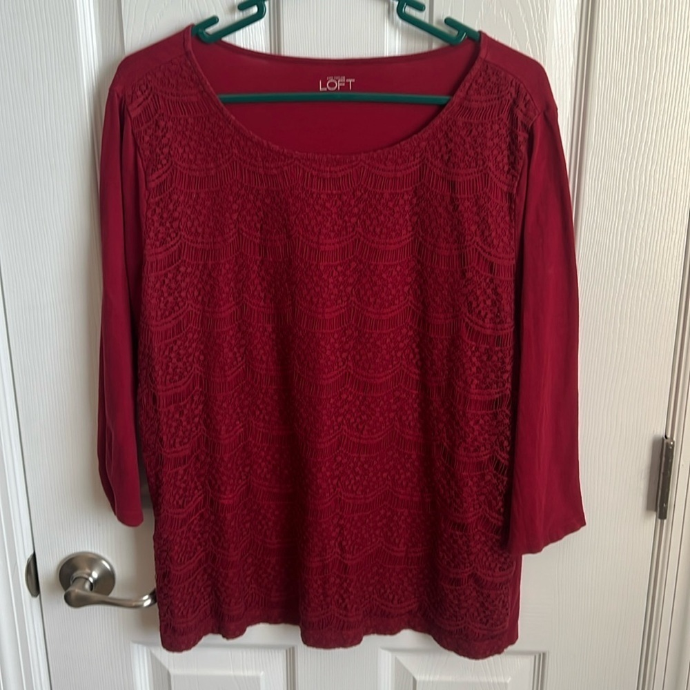 LOFT Lace Top Blouse 3/4 Sleeve Cranberry Red‎ Elegant Party Casual Size XL